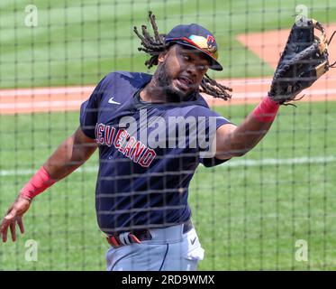 Cleveland Guardians' Josh Naylor looks on during the second inning of a  baseball game against the Miami Marlins, Sunday, April 23, 2023, in  Cleveland. (AP Photo/Nick Cammett Stock Photo - Alamy