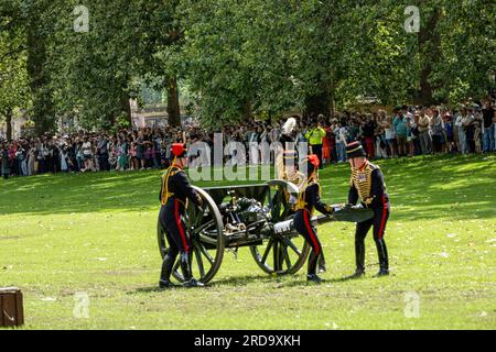 London, UK. 17th July, 2023. King's Troop, Royal Horse Artillery prepare to fire a 41-gun salute for Her Majesty Queen Camilla's Birthday in Green Park, London. In London, the British Army mark Her Majesty The Queenís birthday with traditional gun salutes and music. The Kingís Troop Royal Horse Artillery fire celebratory Royal Salutes at 12 noon. The Band of the Coldstream Guards perform music marking The Queenís special anniversary. This is the first formal birthday salute for Her Majesty since she became Queen. Credit: SOPA Images Limited/Alamy Live News Stock Photo