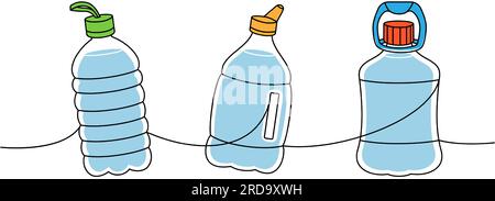 Set of fitness bottles one line colored continuous drawing. Empty plastic bottles continuous one line illustration. Vector linear illustration. Stock Vector
