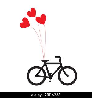 A bicycle with three heart shape balloons on a white background with copy space Stock Vector