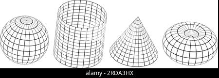 Wireframe shapes collection. 3d outline sphere, cylinder, cone and torus. Black geometric elements for design templates, icons, logo. Abstract lattice objects with connected lines. Vector pack Stock Vector