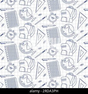School, University Monochrome Pattern. Blue On White Background. Vector Outline Illustration Stock Vector