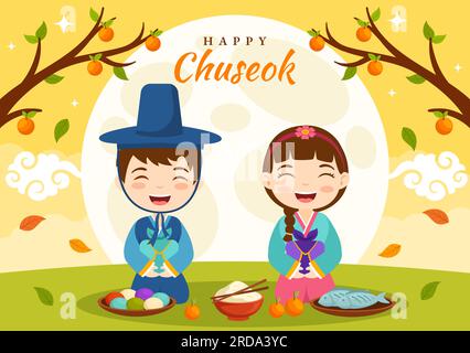 Happy Chuseok Day Vector Illustration of Korean Thanksgiving Event with Harvest Festival Celebrate on Autumn Night Background Hand Drawn Templates Stock Vector