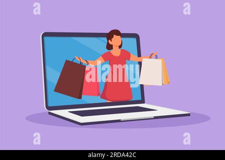 Character flat drawing beauty woman coming out of laptop computer screen with holding shopping bags. Sale, digital lifestyle, consumerism. Online stor Stock Photo