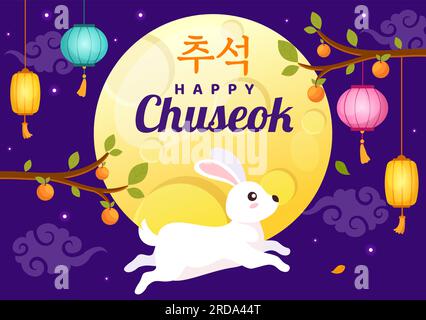 Happy Chuseok Day Vector Illustration of Korean Thanksgiving Event with Harvest Festival Celebrate on Autumn Night Background Hand Drawn Templates Stock Vector