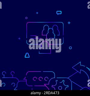 Video conference gradient line vector icon, simple illustration on a dark blue background, support connection related bottom border. Stock Vector