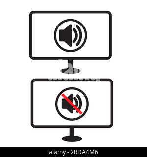 A monitor with on and off sound sign in the screen on a white background with copy space Stock Vector