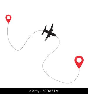 A flight trace with an airplane and location marks on a white background with copy space Stock Vector