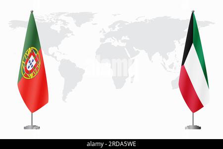 Portugal and Kuwait flags for official meeting against background of world map. Stock Vector