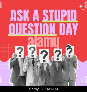 Composite of ask a stupid question day text over people holding question marks on red background Stock Photo