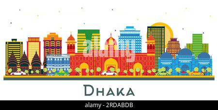 Dhaka Bangladesh City Skyline with Color Buildings Isolated on White. Vector Illustration. Business Travel and Tourism Concept with Historic Buildings Stock Vector