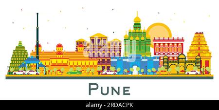 Pune India City Skyline with Color Buildings Isolated on White. Vector Illustration. Business Travel and Tourism Concept with Historic Buildings. Stock Vector