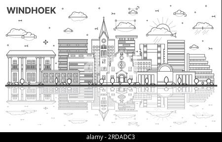 Outline Windhoek Namibia City Skyline with Modern Buildings and Reflections Isolated on White. Vector Illustration. Windhoek Cityscape with Landmarks. Stock Vector