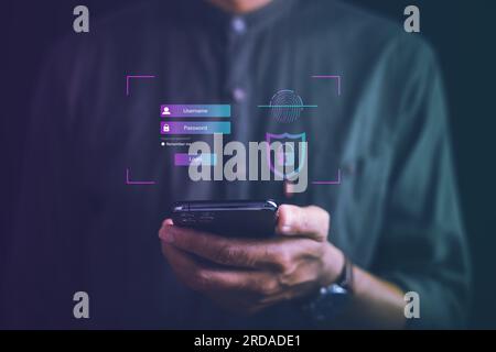 Securely access personal financial data with a futuristic biometric fingerprint scanner on a smartphone Stock Photo
