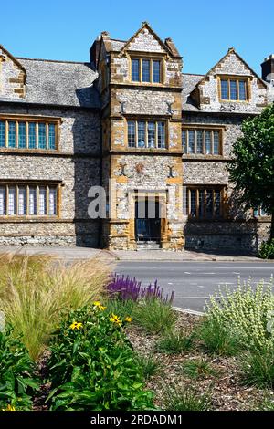 Front view of the Chard Preparatory School with a flowerbed in the foreground, Chard, Somerset, UK, Europe. Stock Photo
