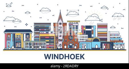 Outline Windhoek Namibia City Skyline with Colored Modern and Historic Buildings Isolated on White. Vector Illustration. Windhoek Cityscape with Landm Stock Vector