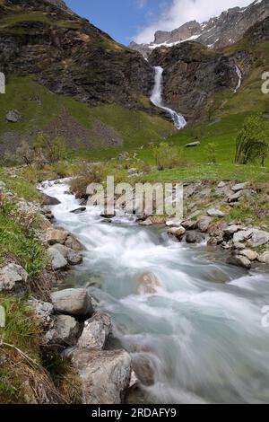 The mountain stream and waterfall Py, located in the valley of Champagny le Haut, Vanoise National Park, French Alps, Tarentaise, Savoie, France Stock Photo