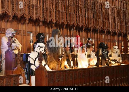 Peterborough, UK. 18th July, 2023. Characters including Darth Vader, Stormtroopers, Luke Skywalker, Princess Leia, Chewbacca Han Solo inside Peterborough Cathedral before one of the largest Star Wars private fan collections in the world can be seen in the magnificent Peterborough Cathedral from 19th July. The exhibition, Unofficial Galaxies, at Peterborough Cathedral, includes over 120 exhibits, with a life-sized Land Speeder amongst on show alongside rare Star Wars toys and items. Peterborough, Cambridgeshire, UK. Credit: Paul Marriott/Alamy Live News Stock Photo