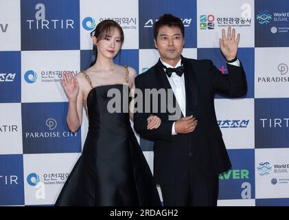 Incheon, South Korea. 19th July, 2023. (L to R) South Korean actress and singer Im Yoon-ah, member of K-Pop girl group Girls Generation and television personality Jun Hyun-moo, arrived red carpet during a ‘2nd Blue Dragon Series Awards' at Paradise City Chroma in Incheon, South Korea on July 19, 2023. (Photo by Lee Young-ho/Sipa USA) Credit: Sipa USA/Alamy Live News Stock Photo