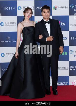 Incheon, South Korea. 19th July, 2023. (L to R) South Korean actress and singer Im Yoon-ah, member of K-Pop girl group Girls Generation and television personality Jun Hyun-moo, arrived red carpet during a ‘2nd Blue Dragon Series Awards' at Paradise City Chroma in Incheon, South Korea on July 19, 2023. (Photo by Lee Young-ho/Sipa USA) Credit: Sipa USA/Alamy Live News Stock Photo