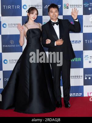 Incheon, South Korea. 19th July, 2023. (L to R) South Korean actress and singer Im Yoon-ah, member of K-Pop girl group Girls Generation and television personality Jun Hyun-moo, arrived red carpet during a ‘2nd Blue Dragon Series Awards' at Paradise City Chroma in Incheon, South Korea on July 19, 2023. (Photo by Lee Young-ho/Sipa USA) Credit: Sipa USA/Alamy Live News Stock Photo