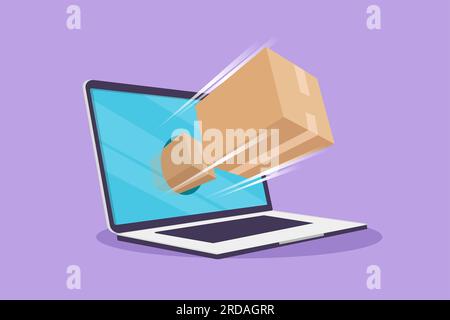 Cartoon flat style drawing package box out of large laptop screen. Online delivery website concept. Fast respond and package shipping to customer. Onl Stock Photo