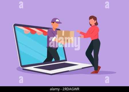 Cartoon flat style drawing young male courier comes out of canopy laptop screen and gives package box to female customer. Fast respond and online deli Stock Photo