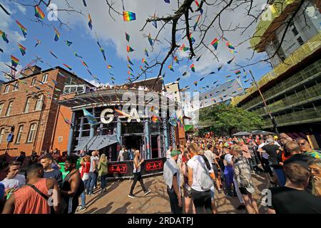 The Gay Bar enjoying Manchester Pride Festival, August bank holiday at the Gay Village, Canal St, Manchester, England, UK, M1 6JB Stock Photo