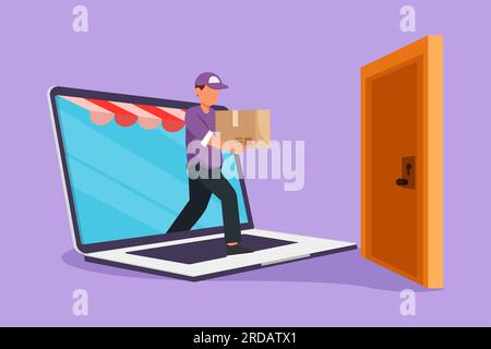 Cartoon flat style drawing young male courier comes out of laptop screen while carrying package box to customer's door. Online delivery service techno Stock Photo