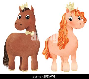 Princess, Prince. Set of cute watercolor pony in the gold crown isolated. Little horse. Funny animal for kid. Design for baby shirt design, nursery Stock Photo