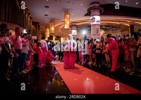 Bangkok, Thailand. 20th July, 2023. An artist walks the pink carpet at the 'Barbie' movie premiere in Bangkok. Fans and artists attend the exclusive pink carpet premiere of 'Barbie' at Siam Paragon Cineplex on July 19, 2023. Credit: Matt Hunt/Neato/Alamy Live News Stock Photo