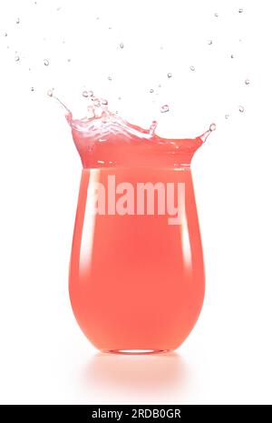 Pink juice splashing out of overflowing drinking glass isolated on white background. Refreshing healthy mocktail. Stock Photo