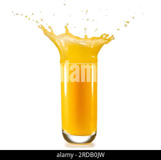 Fresh orange juice splashing out of tall glass isolated on white background. Stock Photo