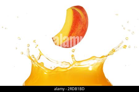 Flying peach slice falls into juice splashing isolated on white background. Authentic studio shot Stock Photo