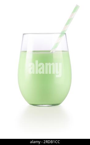 Glass of mint milk with paper drinking straw isolated on white background. Real studio shot. Stock Photo