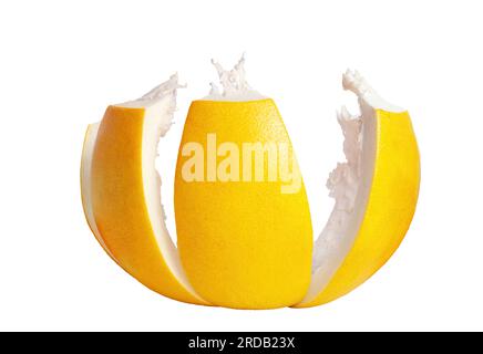 Pomelo sliced skin isolated on white background. Peeled fresh ripe pummelo cut out design element close up. Tropical yellow citrus fruit full hull clo Stock Photo