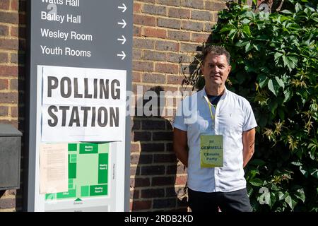 Uxbridge, UK. 20th July, 2023. Steff Wright the Chairman of the Climate Party a new party. It was busy morning in Uxbridge as voters headed to vote in the local Uxbridge and South Ruislip By-Election where the seat has been held by Former Conservative Prime Minister Boris Johnson. Labour are predicted to win the polls today, however, many voters are furious that Uxbridge is to become part of the Ultra Low Emission Zone proposed by Labour Mayor of London Sadiq Khan. This may mean voters vote for alternative parties such as the Liberal Democrats or Green Party. Credit: Maureen McLean/Alamy Live Stock Photo