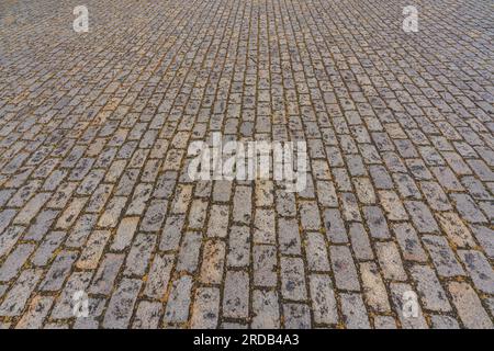 Cobblestones lined up in a street make up an old-fashioned background featuring lines Stock Photo