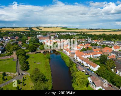 Aerial view of Haddington town and Nungate Bridge at Waterside on the River Tyne in East Lothian, Scotland, UK Stock Photo