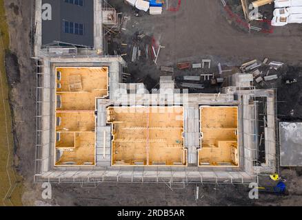 Aerial view of new housing under construction at Bridgewater Village in South Queensferry, West Lothian, Scotland, UK Stock Photo