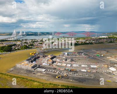 Aerial view of new housing under construction at Bridgewater Village in South Queensferry, West Lothian, Scotland, UK Stock Photo