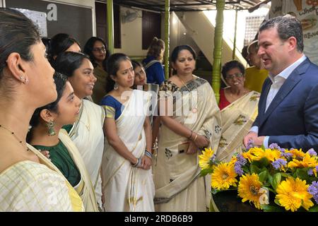 Thiruvananthapuram, India. 20th July, 2023. Hubertus Heil (SPD, r), Federal Minister of Labor and Social Affairs, talks to German teachers at the Goethe Center. At the center, caregivers are prepared for their emigration to Germany and learn the language. Minister Heil is in India to promote Germany as an attractive immigration destination for skilled workers. Credit: Christophe Gateau/dpa/Alamy Live News Stock Photo