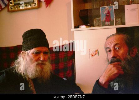 Tarcau Monastery, Neamt County, Romania, 1999. Portrait of Father Nicodim (left). Stock Photo