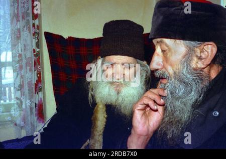 Tarcau Monastery, Neamt County, Romania, 1999. Portrait of Father Nicodim (left). Stock Photo