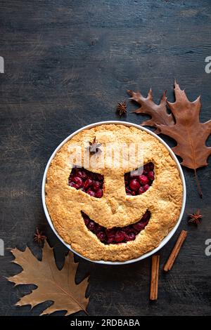 Halloween food. Halloween cake.  Autumn theme. Delicious homemade cherry pie for halloween Stock Photo