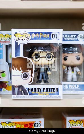 A Funko Pop figurine of Harry Potter  from the J. K. Rowling books & films. For sale at  Newbury Comics, a store in the Danbury Fair Mall in Ct. Stock Photo