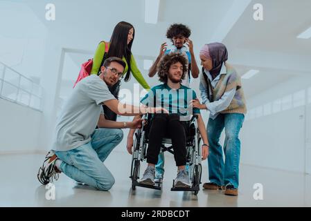 In a modern university, a diverse group of students, including an African American student and a hijab-wearing woman, walk together in the hallway Stock Photo