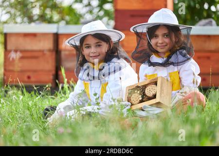 Portrait of smiling girls wearing protective suits sitting with wooden insect hotel on grass at apiary farm Stock Photo