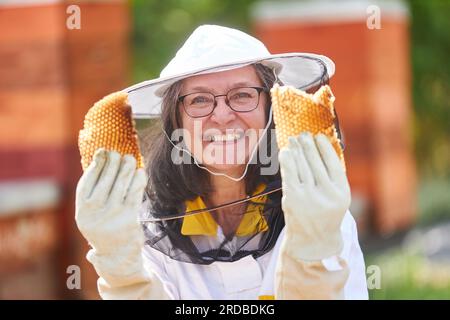 Portrait of happy female apiarist holding honeycomb wearing protective suit at apiary garden Stock Photo