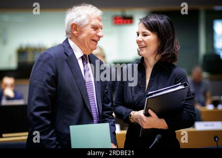 Brussels, Belgium. 20th July, 2023.(RL) Annalena Baerbock, Federal Foreign Minister, speaking with Josep Borrell, EU High Representative for Foreign Affairs and Security Policy, before a working session of the EU Foreign Ministers. Brussels, 20.07.2023. Stock Photo